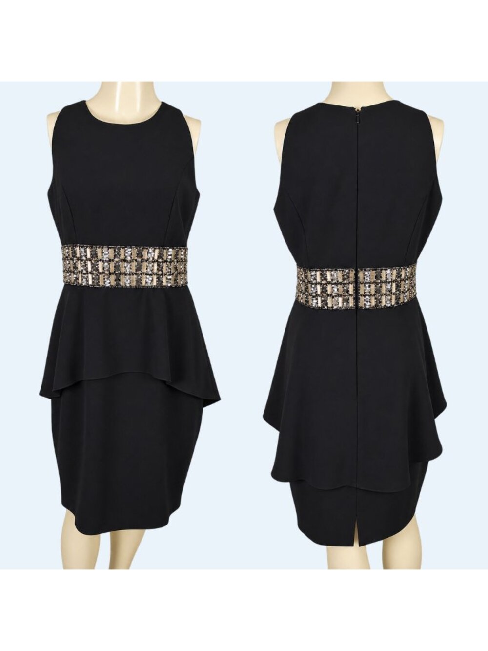 Carmen Marc Valvo Dress Womens 10 Beaded Peplum Black Cocktail Knee Sleeveless